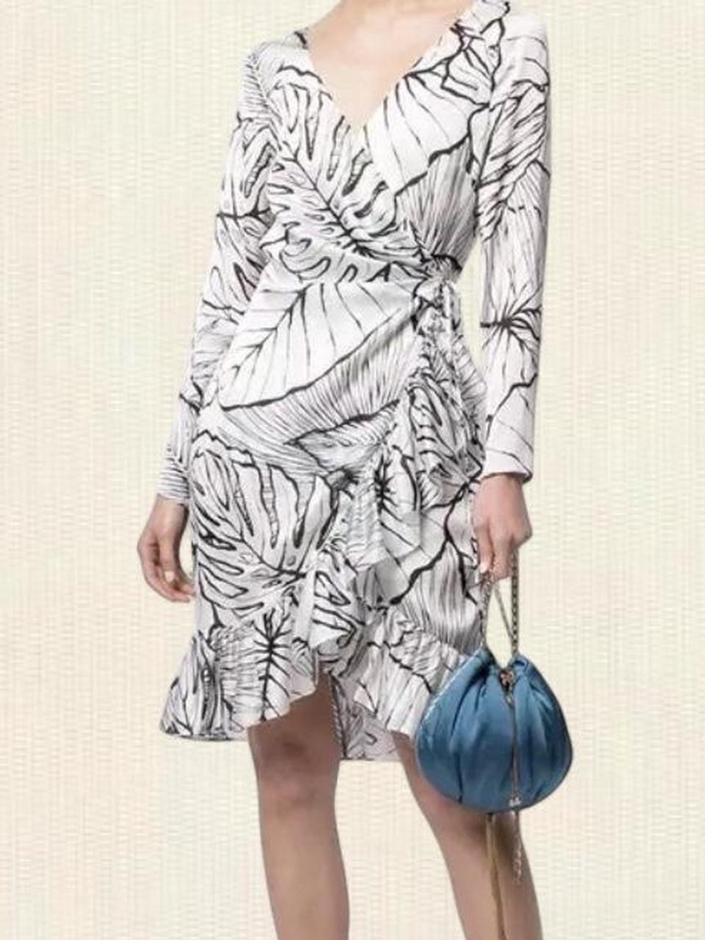 Diane Von Furstenberg White and Black Leaf-Print Long Sleeve Wrap Dress